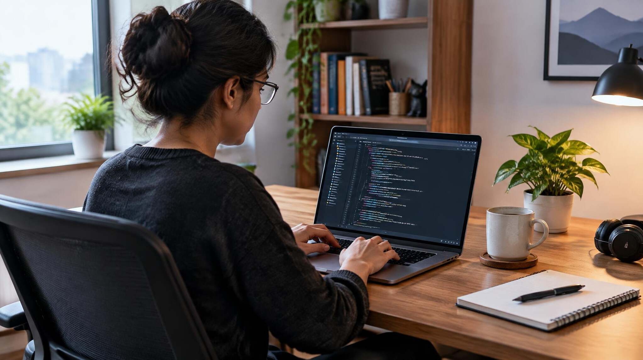 woman coding at desk