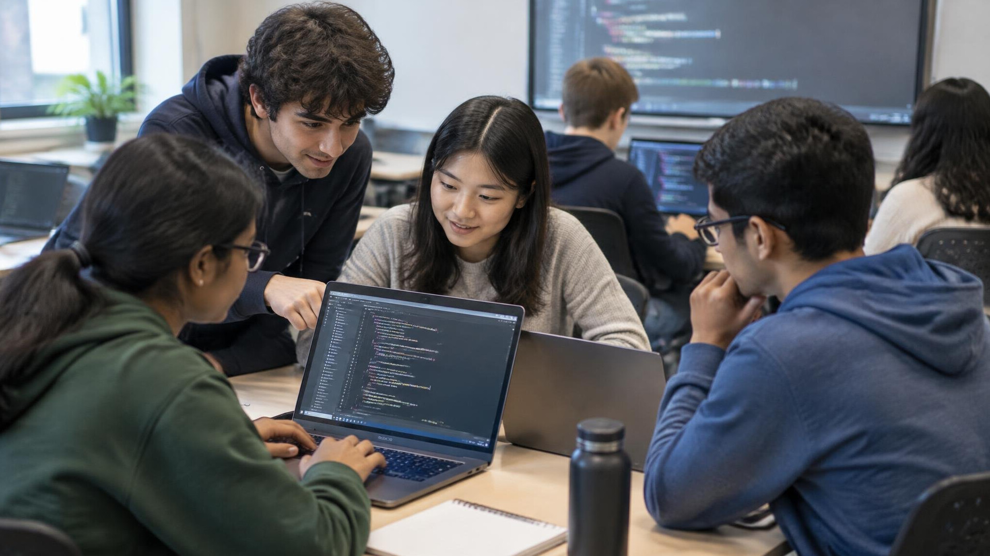 students coding together in class