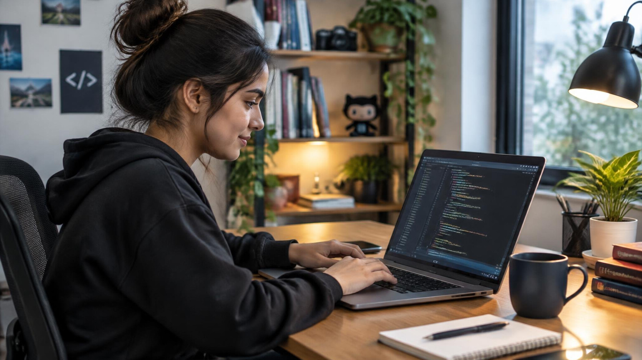 young woman coding on laptop