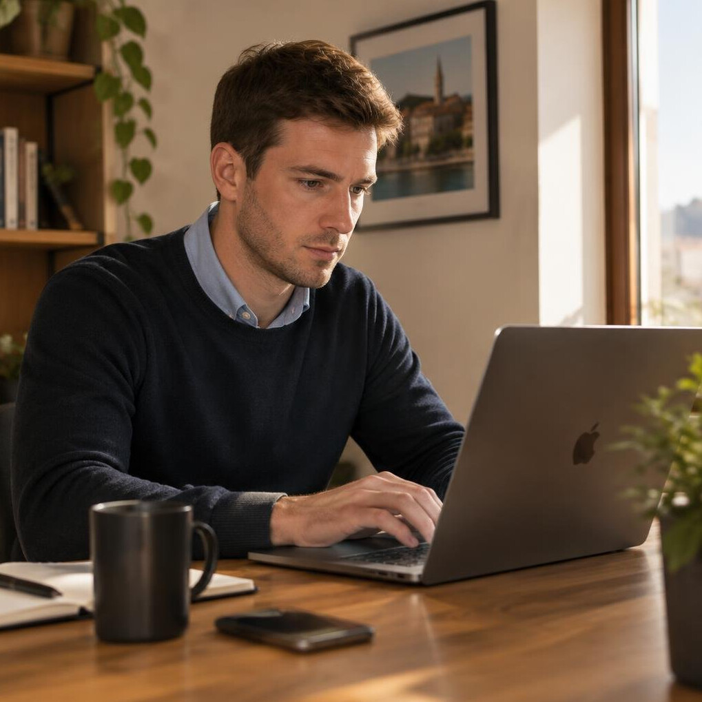 Young Central European man sitting at a desk writing code on a laptop