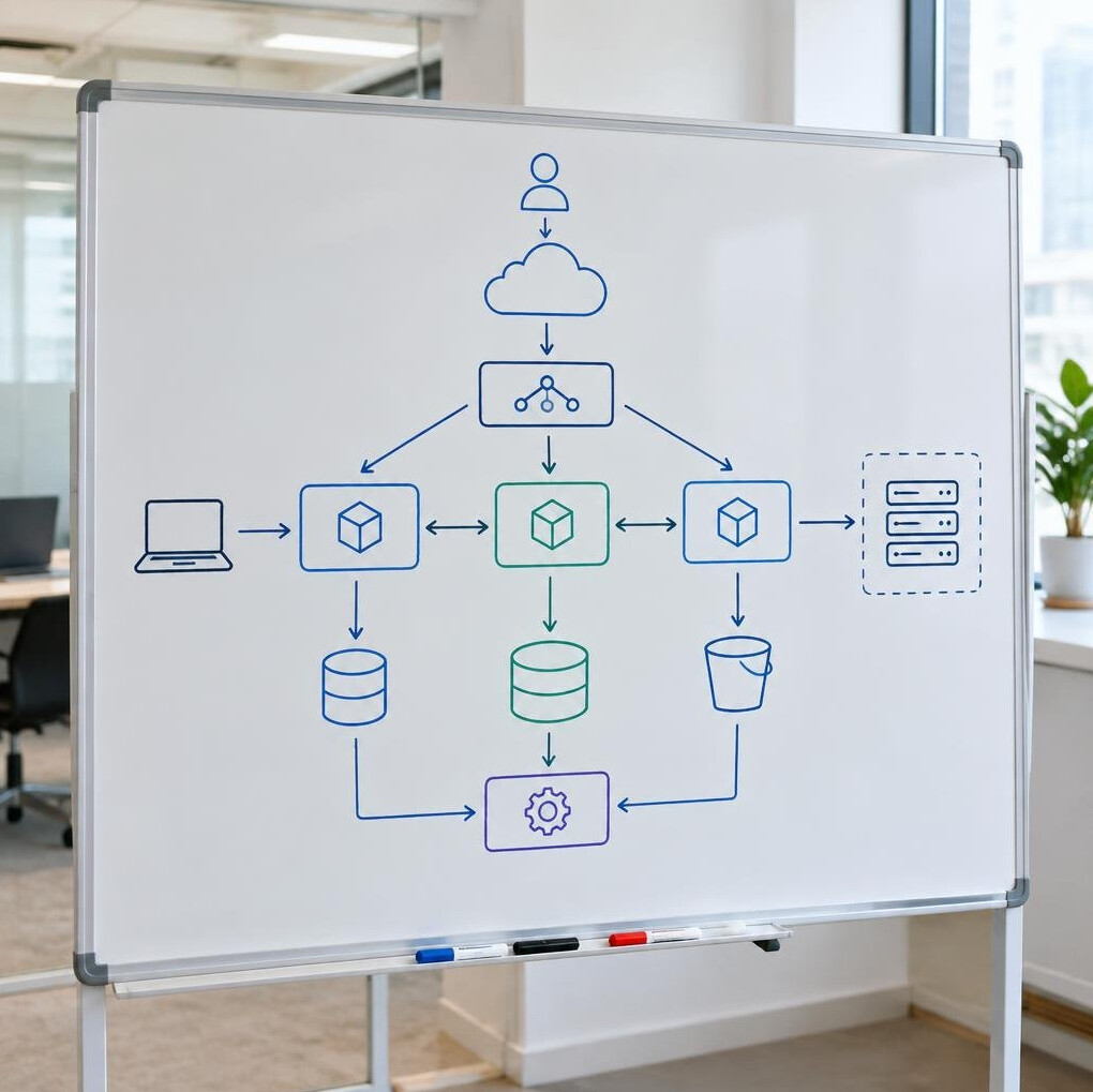 Hand-drawn flowchart diagram on a whiteboard