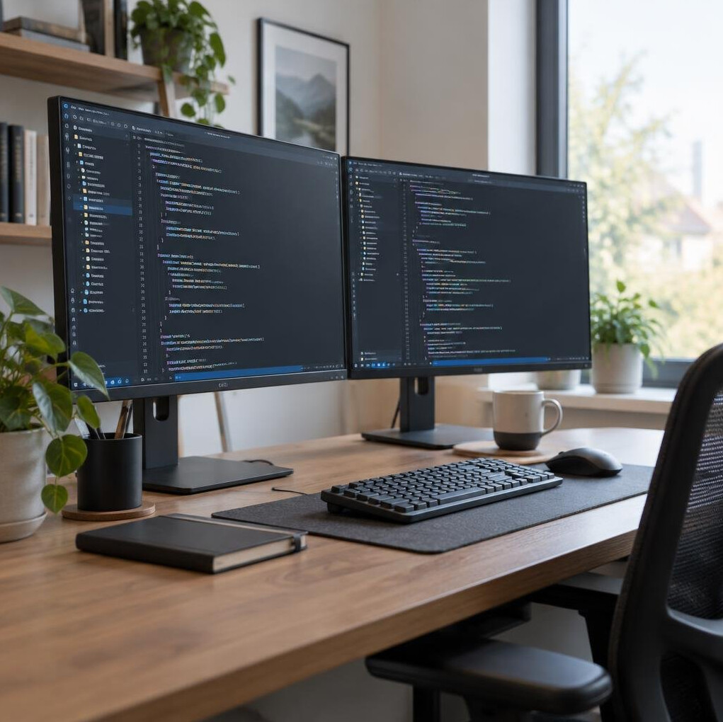 Dual monitor desk setup displaying programming code