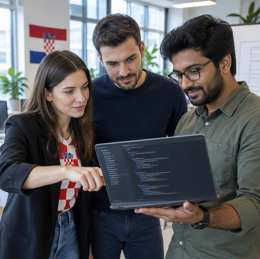 Three colleagues of different ethnicities looking together at a laptop screen